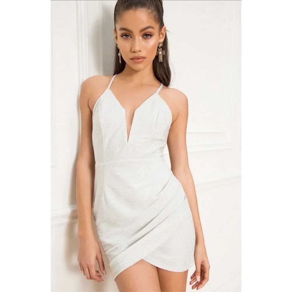 superdown revolve Porsha Wrap Front Mini Dress Silver XS V wired neck NYE party